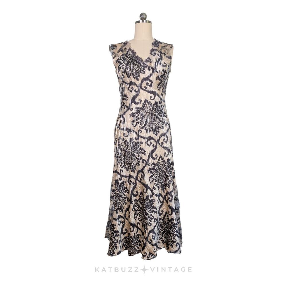Komarov Maxi Dress Xl Tan Black Sleeveless Floral Crinkle Whimsigoth Artsy Lace